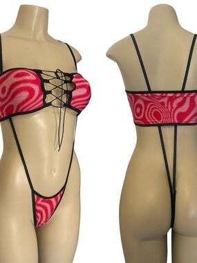 Sexy Red Swirl Lace-Up Mesh exotic dance or rave Bikini Set